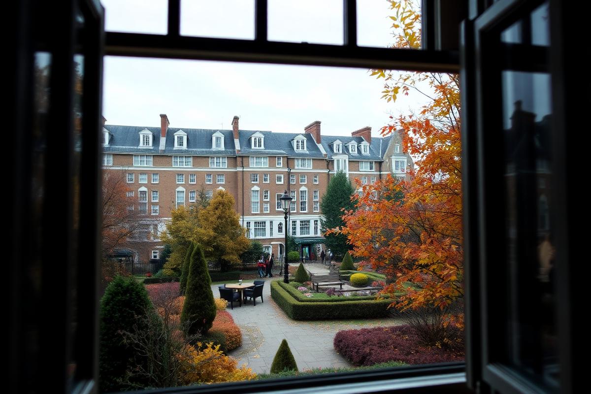 London garden square in autumn seen through a period window