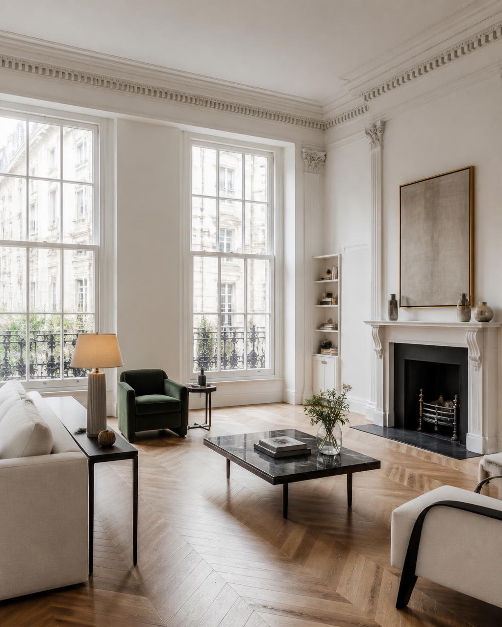 Bright drawing room with tall sash windows and herringbone floors