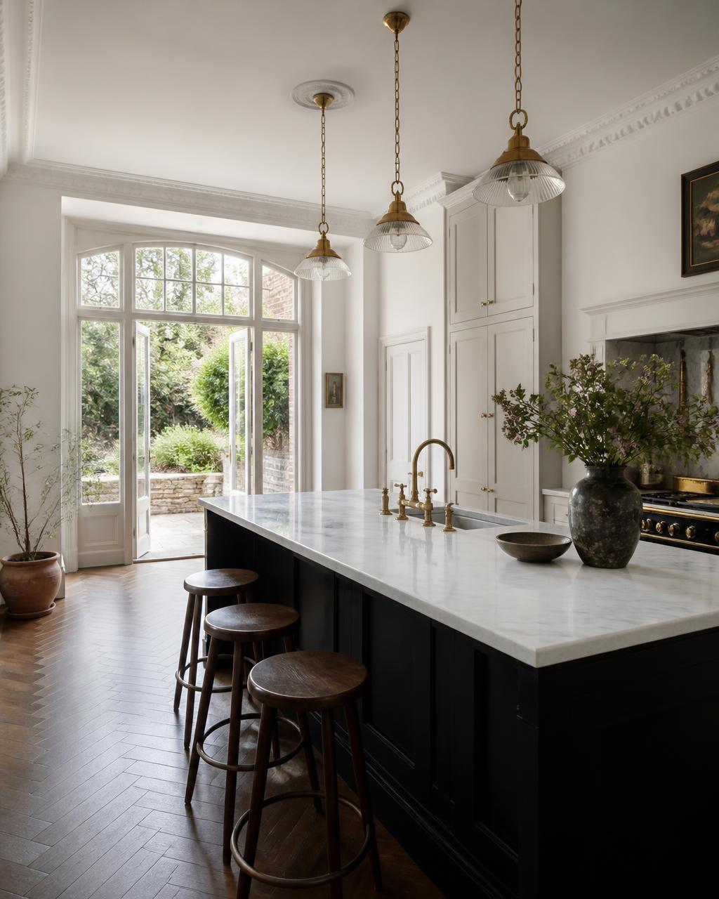 Period London kitchen with marble island and garden doors